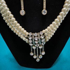 Vintage Heidi Daus Pearl and Crystal Necklace and Earring Set